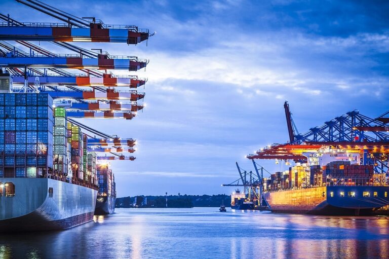 Container terminal with huge container cargo ship ready for unloading